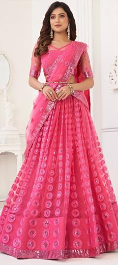 Engagement, Party Wear, Wedding Pink and Majenta color Lehenga in Net fabric with Flared Embroidered, Sequence, Thread work : 1921385
