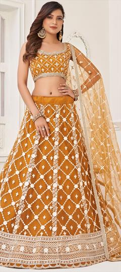 Engagement, Party Wear, Wedding Yellow color Lehenga in Net fabric with Flared Embroidered, Sequence, Thread work : 1921386