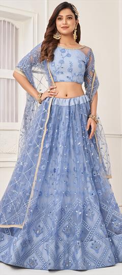 Engagement, Party Wear, Wedding Blue color Lehenga in Net fabric with Flared Embroidered, Sequence, Thread work : 1921387