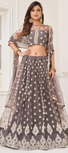 Engagement, Party Wear, Wedding Black and Grey color Lehenga in Net fabric with Flared Embroidered, Sequence, Thread work : 1921388