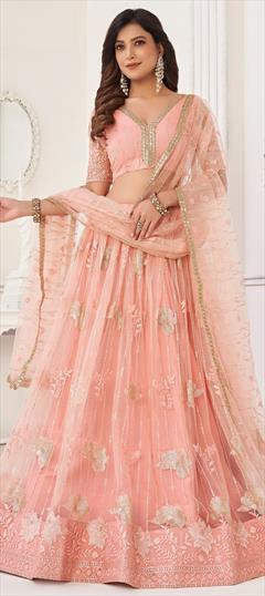 Engagement, Party Wear, Wedding Pink and Majenta color Lehenga in Net fabric with Flared Embroidered, Sequence, Thread work : 1921389