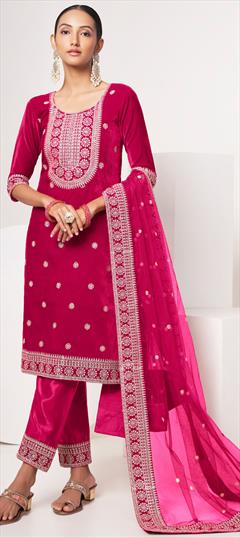 Festive, Party Wear Pink and Majenta color Salwar Kameez in Velvet fabric with Straight Embroidered, Resham, Sequence, Zari work : 1921480