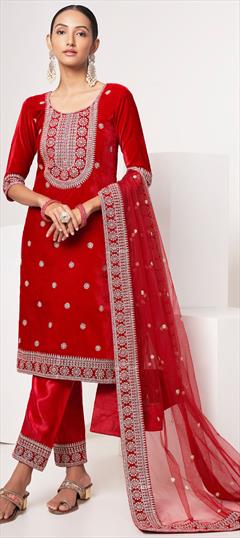Festive, Party Wear Red and Maroon color Salwar Kameez in Velvet fabric with Straight Embroidered, Resham, Sequence, Zari work : 1921481