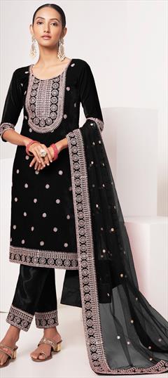 Festive, Party Wear Black and Grey color Salwar Kameez in Velvet fabric with Straight Embroidered, Resham, Sequence, Zari work : 1921483