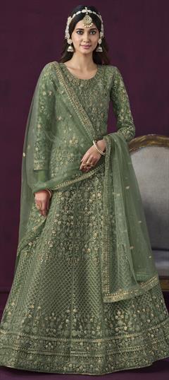 Festive, Party Wear, Wedding Green color Salwar Kameez in Net fabric with Anarkali Embroidered, Sequence, Thread, Zari work : 1921488