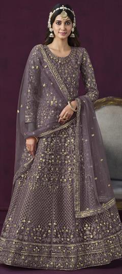 Festive, Party Wear, Wedding Purple and Violet color Salwar Kameez in Net fabric with Anarkali Embroidered, Sequence, Thread, Zari work : 1921490