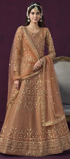 Festive, Party Wear, Wedding Orange color Salwar Kameez in Net fabric with Anarkali Embroidered, Sequence, Thread, Zari work : 1921491