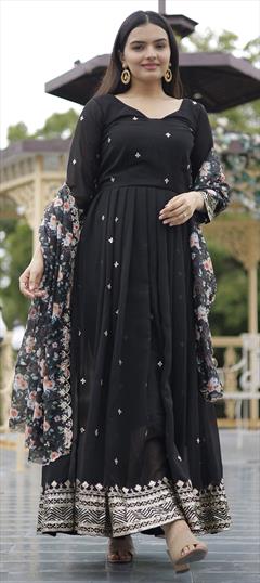 Festive, Party Wear Black and Grey color Salwar Kameez in Georgette fabric with Anarkali Embroidered, Sequence, Zari work : 1921531