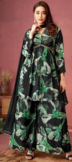 Party Wear, Reception, Wedding Black and Grey color Salwar Kameez in Chiffon fabric with Anarkali, Palazzo Bugle Beads, Printed work : 1921566