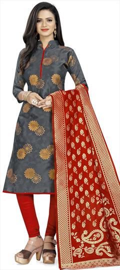 Casual Black and Grey color Salwar Kameez in Banarasi Silk fabric with Straight Weaving work : 1921567