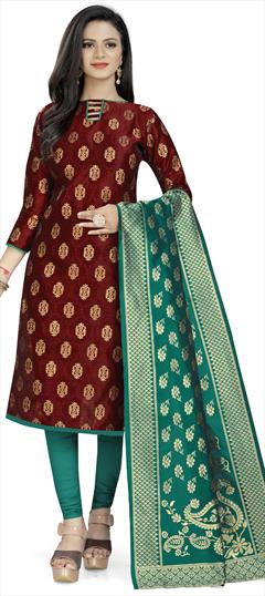 Casual Red and Maroon color Salwar Kameez in Banarasi Silk fabric with Straight Weaving work : 1921569