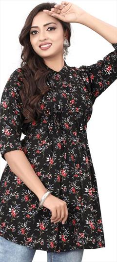 Casual Black and Grey color Kurti in Faux Crepe fabric with A Line, Long Sleeve Printed work : 1921586