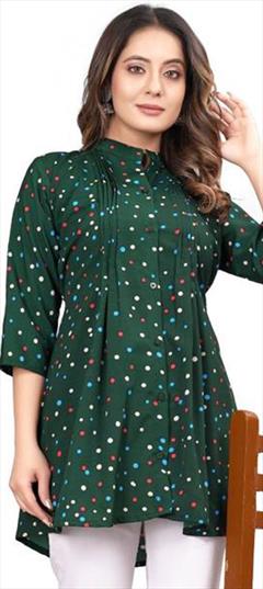 Casual Green color Kurti in Faux Crepe fabric with A Line, Long Sleeve Printed work : 1921588