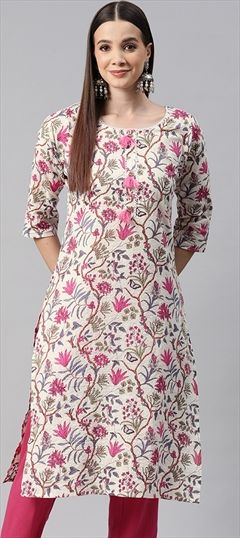 Casual, Summer White and Off White color Kurti in Cotton fabric with Straight Floral, Printed work : 1921596