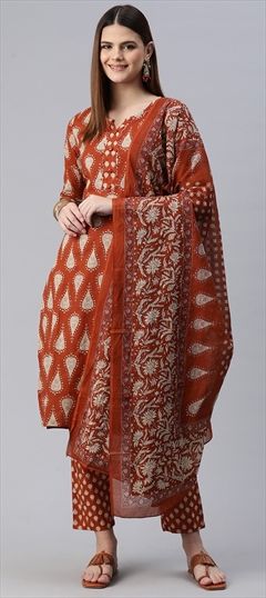 Festive, Party Wear, Summer Beige and Brown color Salwar Kameez in Cotton fabric with Straight Printed work : 1921603