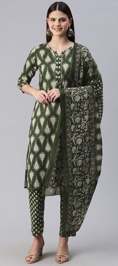 Festive, Party Wear, Summer Green color Salwar Kameez in Cotton fabric with Straight Printed work : 1921604