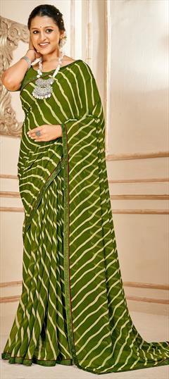 Festive, Party Wear Green color Saree in Georgette fabric with Classic Lace, Lehariya, Printed work : 1921609