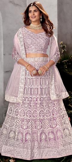 Bridal, Mehendi Sangeet, Wedding Purple and Violet color Ready to Wear Lehenga in Net fabric with Flared Embroidered, Resham, Sequence, Zari work : 1921636