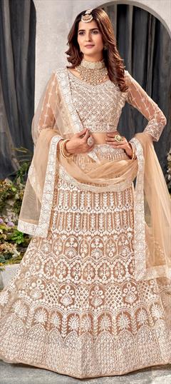 Bridal, Mehendi Sangeet, Wedding Beige and Brown color Ready to Wear Lehenga in Net fabric with Flared Embroidered, Resham, Sequence, Zari work : 1921637
