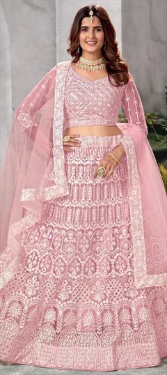 Bridal, Mehendi Sangeet, Wedding Pink and Majenta color Ready to Wear Lehenga in Net fabric with Flared Embroidered, Resham, Sequence, Zari work : 1921642