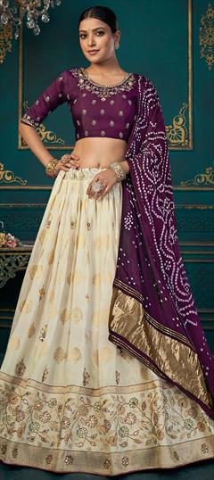 Bridal, Wedding White and Off White color Lehenga in Silk fabric with Flared Embroidered, Printed, Stone, Weaving, Zari work : 1921650