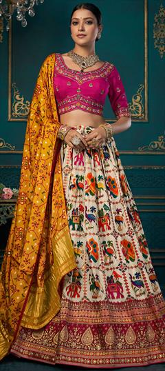 Bridal, Wedding White and Off White color Lehenga in Silk fabric with Flared Embroidered, Resham, Stone, Weaving, Zari work : 1921659