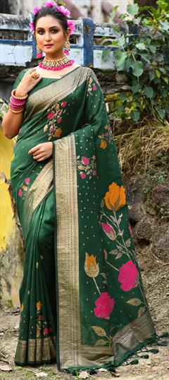 Party Wear, Traditional Green color Saree in Tussar Silk fabric with South Printed, Weaving work : 1921667