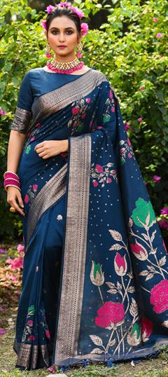 Party Wear, Traditional Blue color Saree in Tussar Silk fabric with South Printed, Weaving work : 1921669