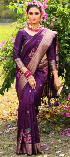 Party Wear, Traditional Purple and Violet color Saree in Tussar Silk fabric with South Printed, Weaving work : 1921671