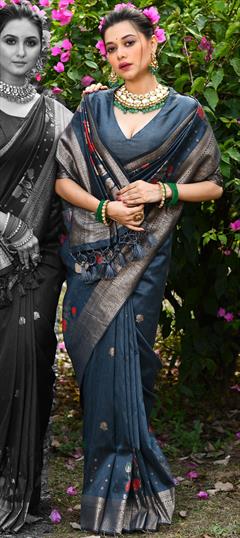 Party Wear, Traditional Black and Grey color Saree in Tussar Silk fabric with South Printed, Weaving work : 1921673