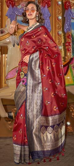 Festive, Party Wear, Traditional Red and Maroon color Saree in Handloom fabric with Bengali Weaving work : 1921690