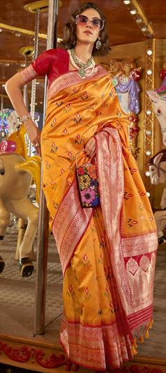 Festive, Party Wear, Traditional Yellow color Saree in Handloom fabric with Bengali Weaving work : 1921692