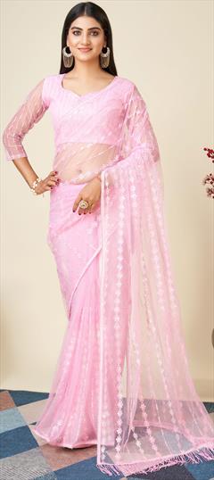 Reception, Wedding Pink and Majenta color Saree in Net fabric with Classic Sequence, Thread work : 1921700