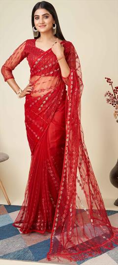 Reception, Wedding Red and Maroon color Saree in Net fabric with Classic Sequence, Thread work : 1921701