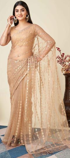Reception, Wedding Beige and Brown color Saree in Net fabric with Classic Sequence, Thread work : 1921702