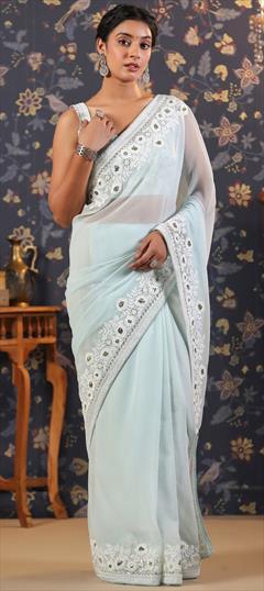 Festive, Reception, Wedding Blue color Saree in Faux Georgette fabric with Classic Embroidered, Sequence, Thread work : 1921703