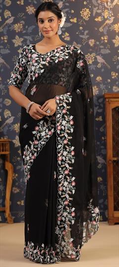 Festive, Reception, Wedding Black and Grey color Saree in Georgette fabric with Classic Embroidered, Sequence, Thread work : 1921704