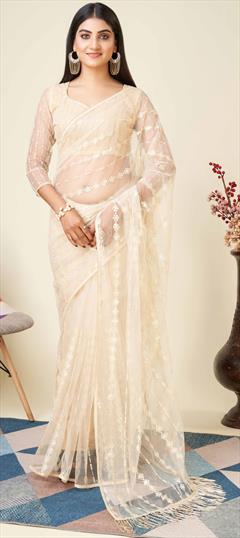 Reception, Wedding Beige and Brown color Saree in Net fabric with Classic Sequence, Thread work : 1921705