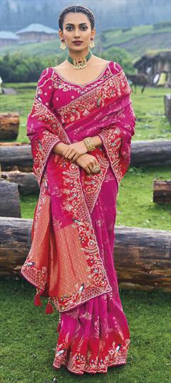 Bridal, Traditional, Wedding Pink and Majenta color Saree in Banarasi Silk fabric with South Embroidered, Sequence, Thread, Weaving, Zari work : 1921727