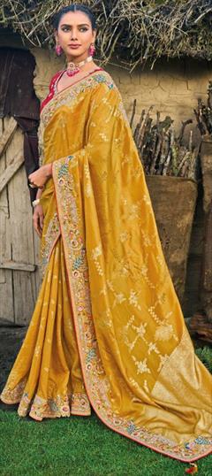 Bridal, Traditional, Wedding Yellow color Saree in Banarasi Silk fabric with South Embroidered, Sequence, Thread, Weaving, Zari work : 1921729