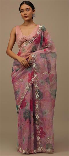 Festive, Traditional, Wedding Pink and Majenta color Saree in Organza Silk fabric with Classic Cut Dana, Embroidered, Floral, Printed, Thread work : 1921730