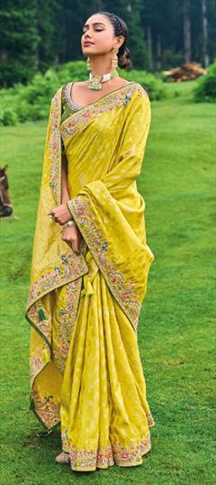 Bridal, Traditional, Wedding Yellow color Saree in Banarasi Silk fabric with South Embroidered, Sequence, Thread, Weaving, Zari work : 1921731
