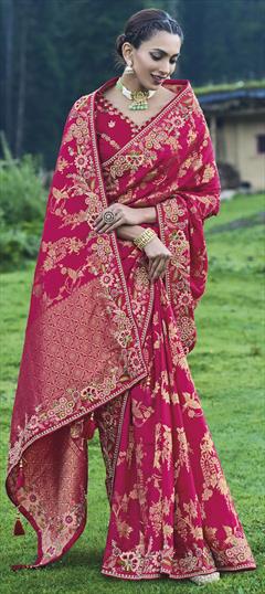 Bridal, Traditional, Wedding Pink and Majenta color Saree in Banarasi Silk fabric with South Embroidered, Sequence, Thread, Weaving, Zari work : 1921732
