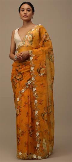 Festive, Traditional, Wedding Yellow color Saree in Organza Silk fabric with Classic Cut Dana, Embroidered, Floral, Printed, Thread work : 1921733