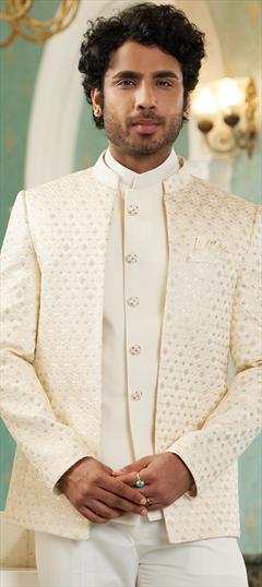 Party Wear, Wedding White and Off White color Nehru Jacket in Art Silk fabric with Embroidered, Resham, Sequence, Thread work : 1921739