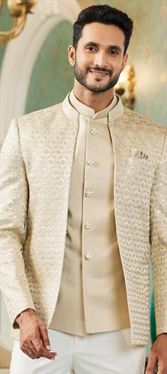 Party Wear, Wedding Beige and Brown color Nehru Jacket in Art Silk fabric with Embroidered, Resham, Sequence, Thread work : 1921741