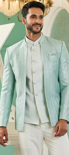 Party Wear, Wedding Green color Nehru Jacket in Art Silk fabric with Embroidered, Resham, Sequence, Thread work : 1921743