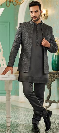 Party Wear, Wedding Black and Grey color Jodhpuri Suit in Art Silk fabric with Embroidered, Resham, Sequence, Thread work : 1921748