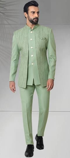 Party Wear Green color Jodhpuri Suit in Rayon fabric with Thread work : 1921758