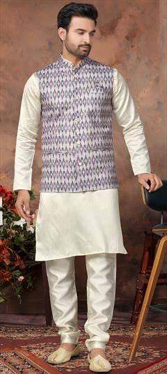 Festive, Party Wear White and Off White color Kurta Pyjama with Jacket in Silk fabric with Digital Print, Sequence, Thread work : 1921781